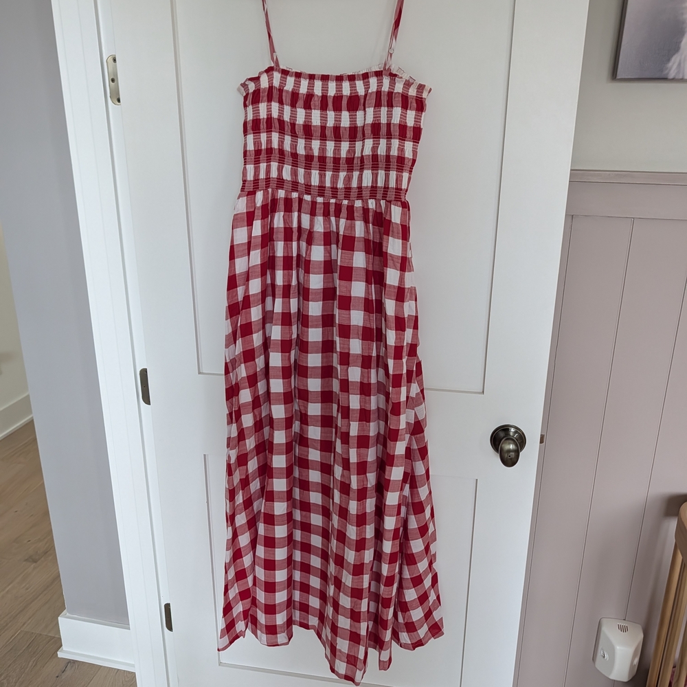 LOFT Red and White Gingham Midi Dress - Picture 1 of 2